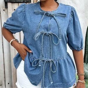 Denim Blue Women's Top with Bow Details